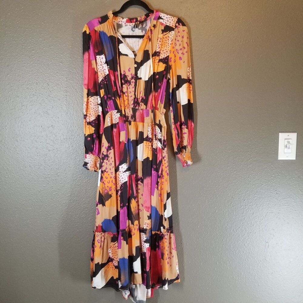 Fate S Dress Midi Abstract Colorful Smocked Waist And Cuff Long Sleeve Bohemian